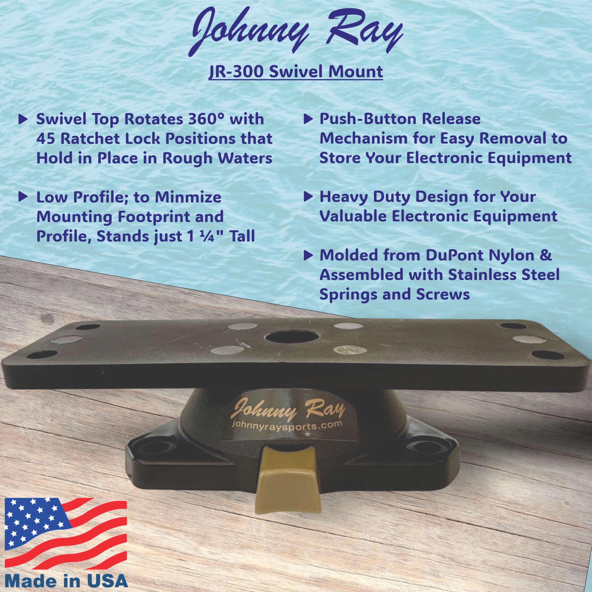 Johnny Ray Fish Finder Mount, Portable Depth Finder Swivel Mount, Quick-Release Fishfinder Bracket, Marine Sonar and Electronics Mounting Equipment (JR-300)