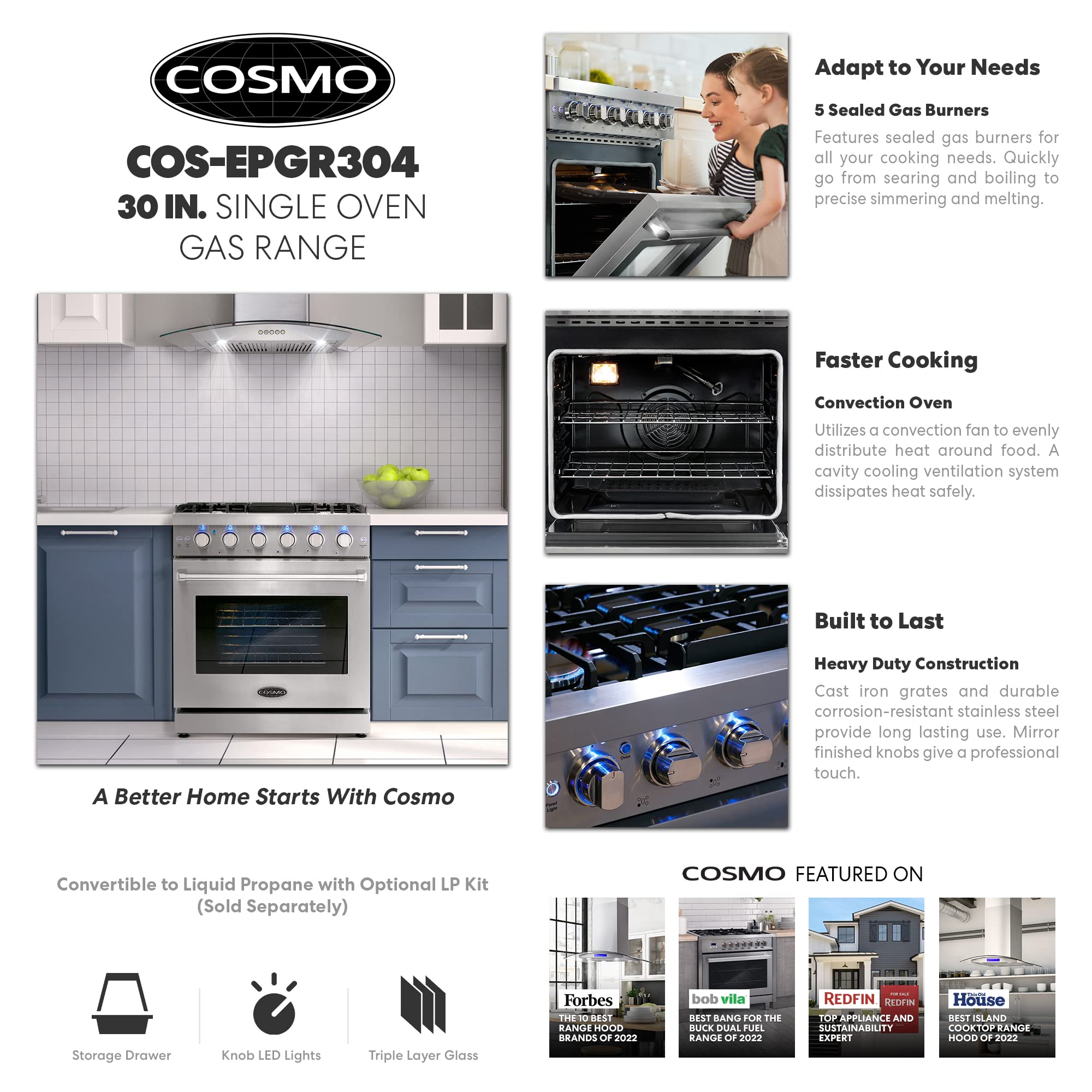 COS-EPGR304 30 in. Haven Collection 4.5 cu. ft. Gas Range with 5 Sealed Burners, Convection Oven, Knob LED Lights, Stainless Steel