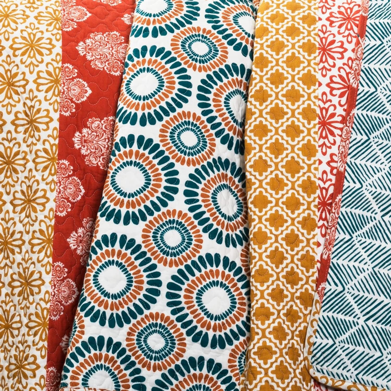 Full/Queen Cotton Teal Orange Bohemian Quilt Set