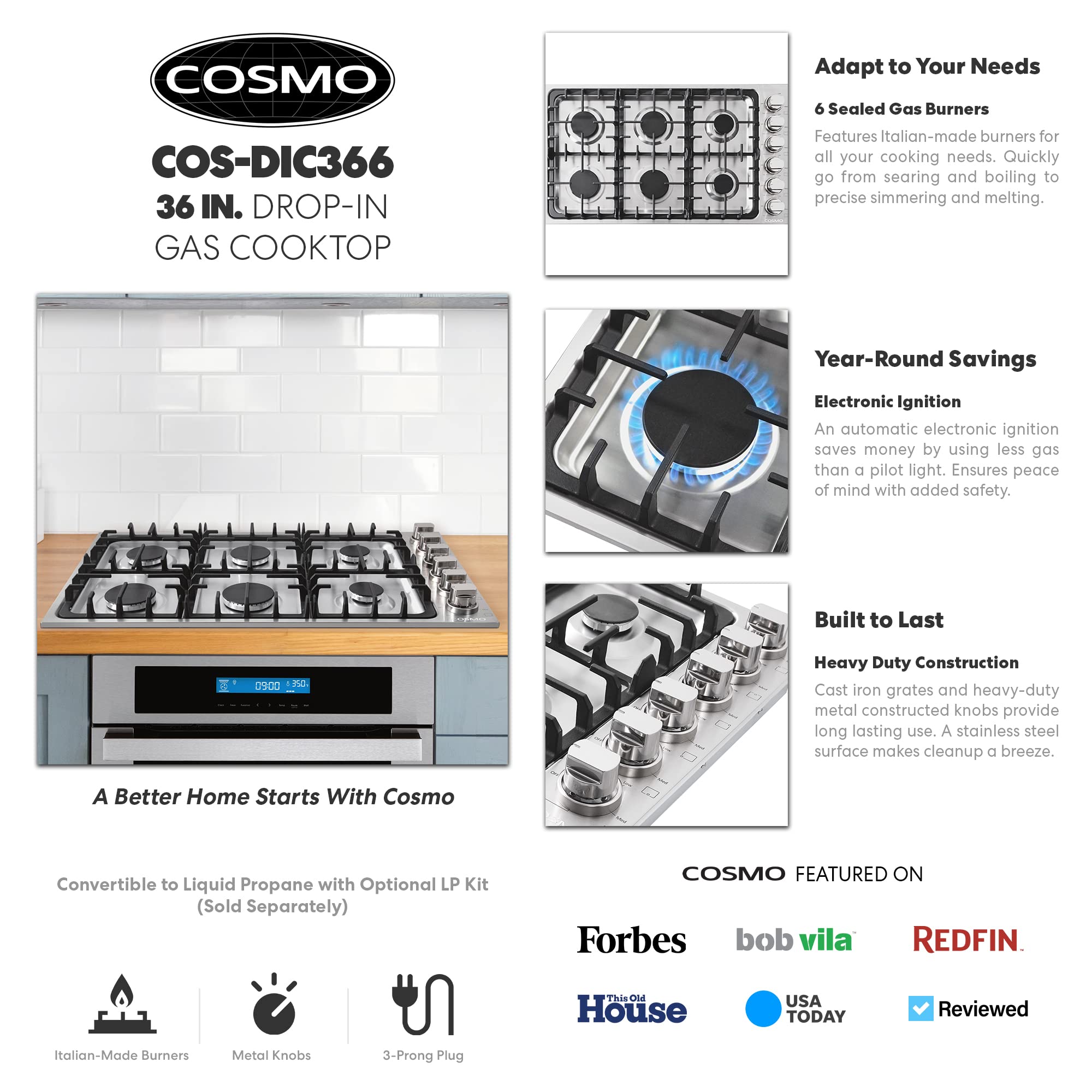COS-DIC366 Drop-In Gas Cooktop with 6 Italian Made Sealed Burners, Cast Iron Grates, Metal Knobs, Liquid Propane Convertible, 36 inch, Stainless Steel