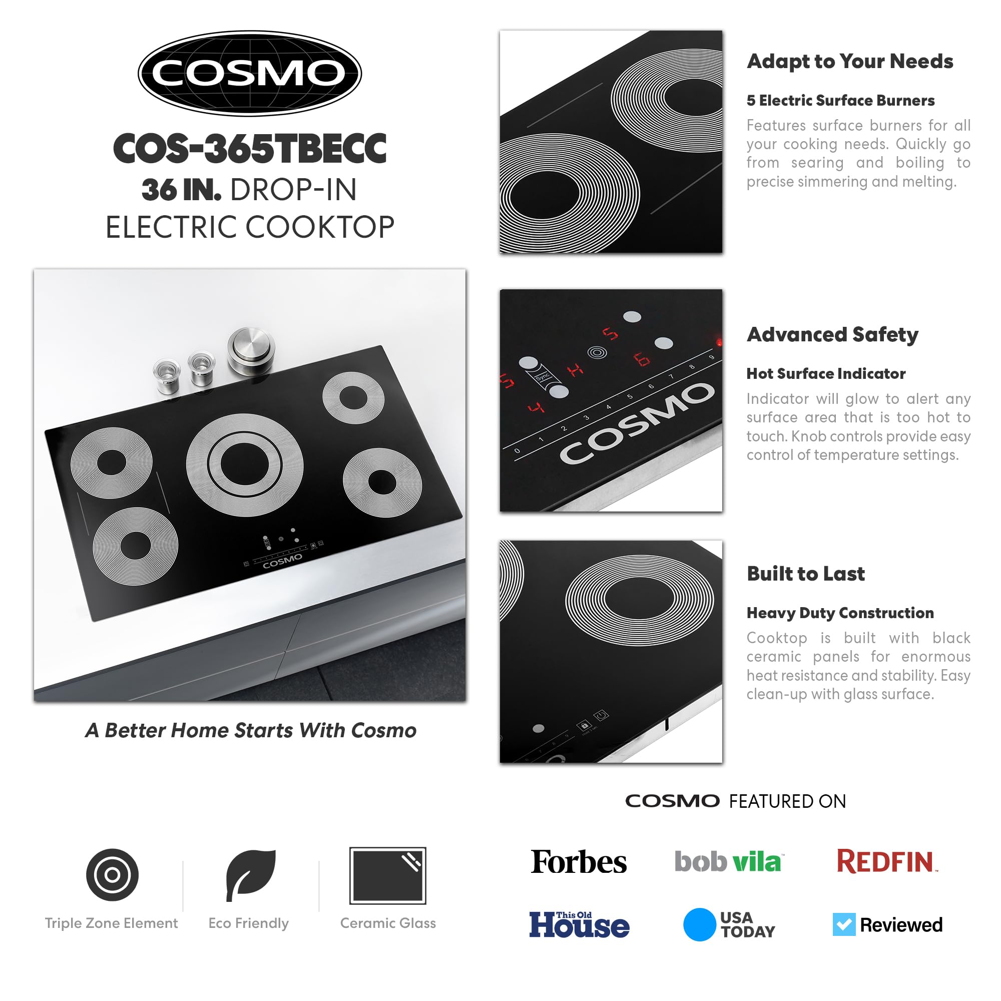 COS-365TBECC Electric Ceramic Glass Cooktop with 5 Burners, Dual Zone Element, Hot Surface Indicator Light and Control Knobs, 36 inch with Touch, Black