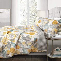 Full/Queen 3-Piece Yellow Grey Teal Floral Cotton Quilt