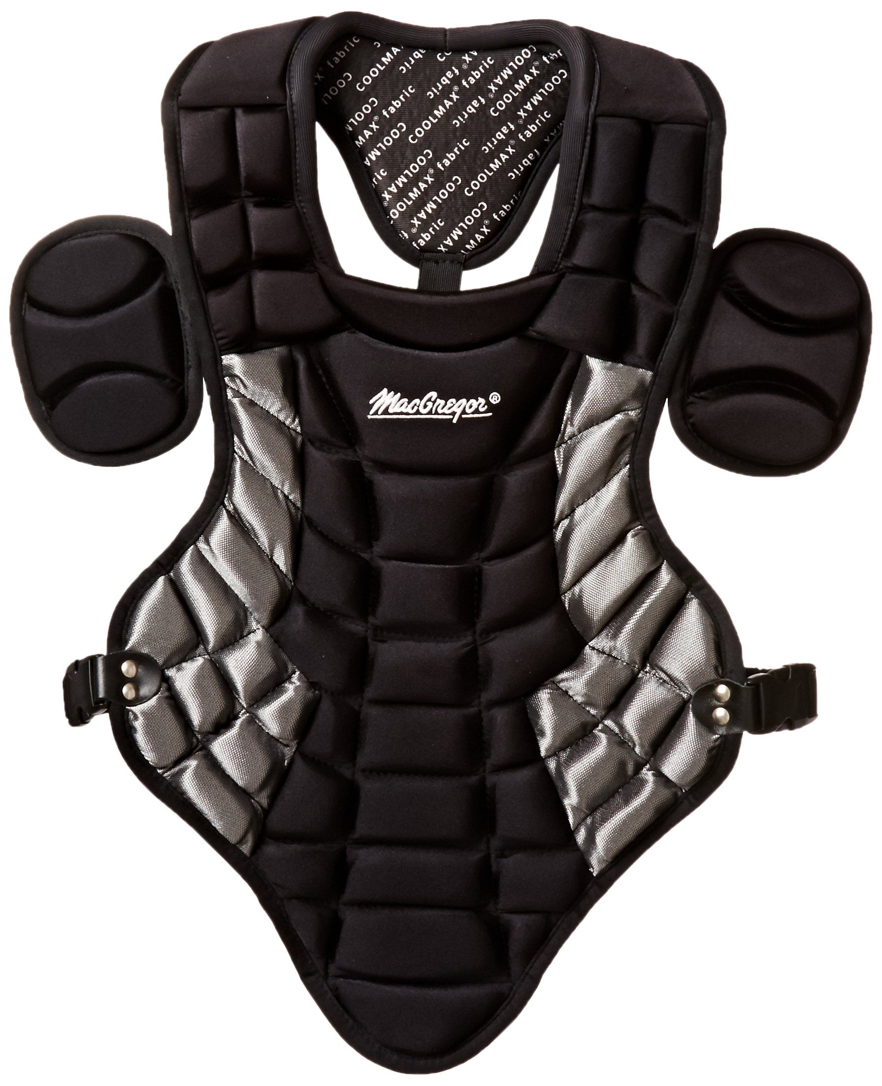  A sleek black and silver baseball chest protector, designed for player safety and comfort.