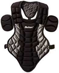  A sleek black and silver baseball chest protector, designed for player safety and comfort.