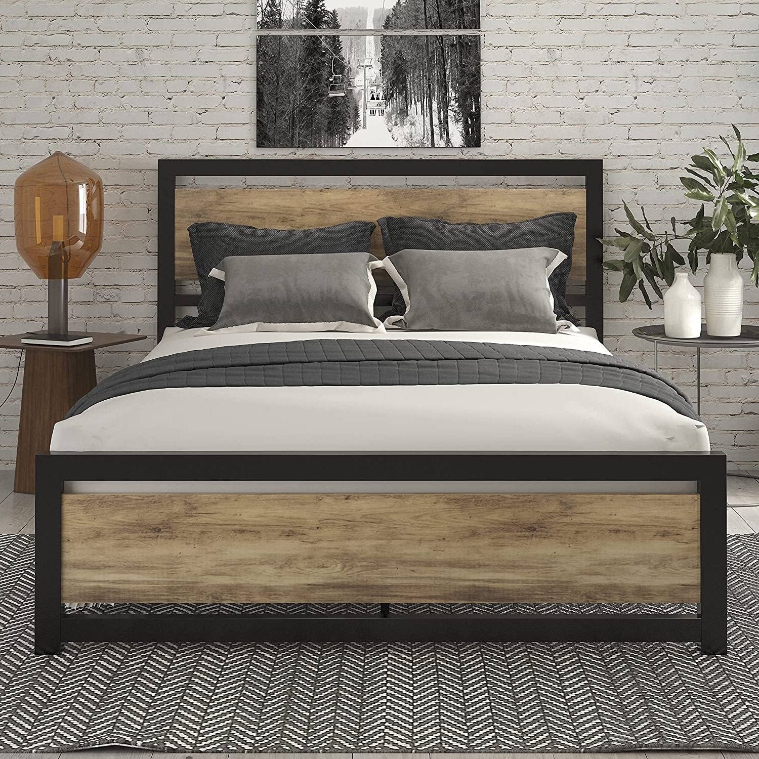 Full Metal Bed w/ Brown Wood Headboard & Footboard