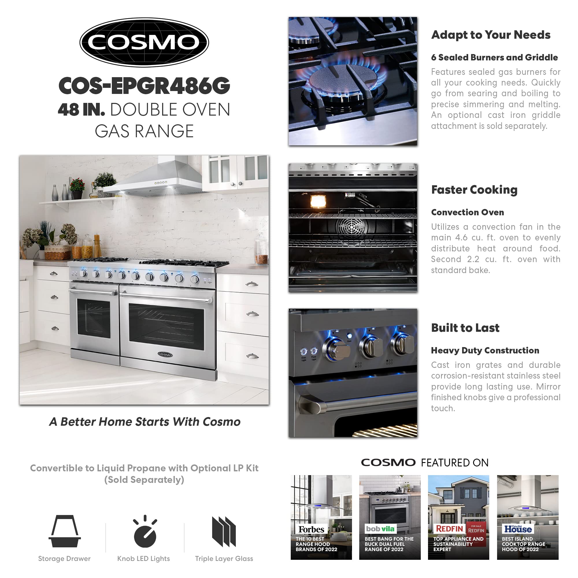 COS-EPGR486G 48 in. Haven Collection 7 cu. ft. Double Oven Gas Range, 6 Burners, Griddle, Convection, Knob LEDs, Stainless Steel