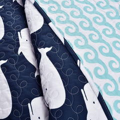 Full/Queen 5-Pc Navy Teal Waves Whales Quilt Set