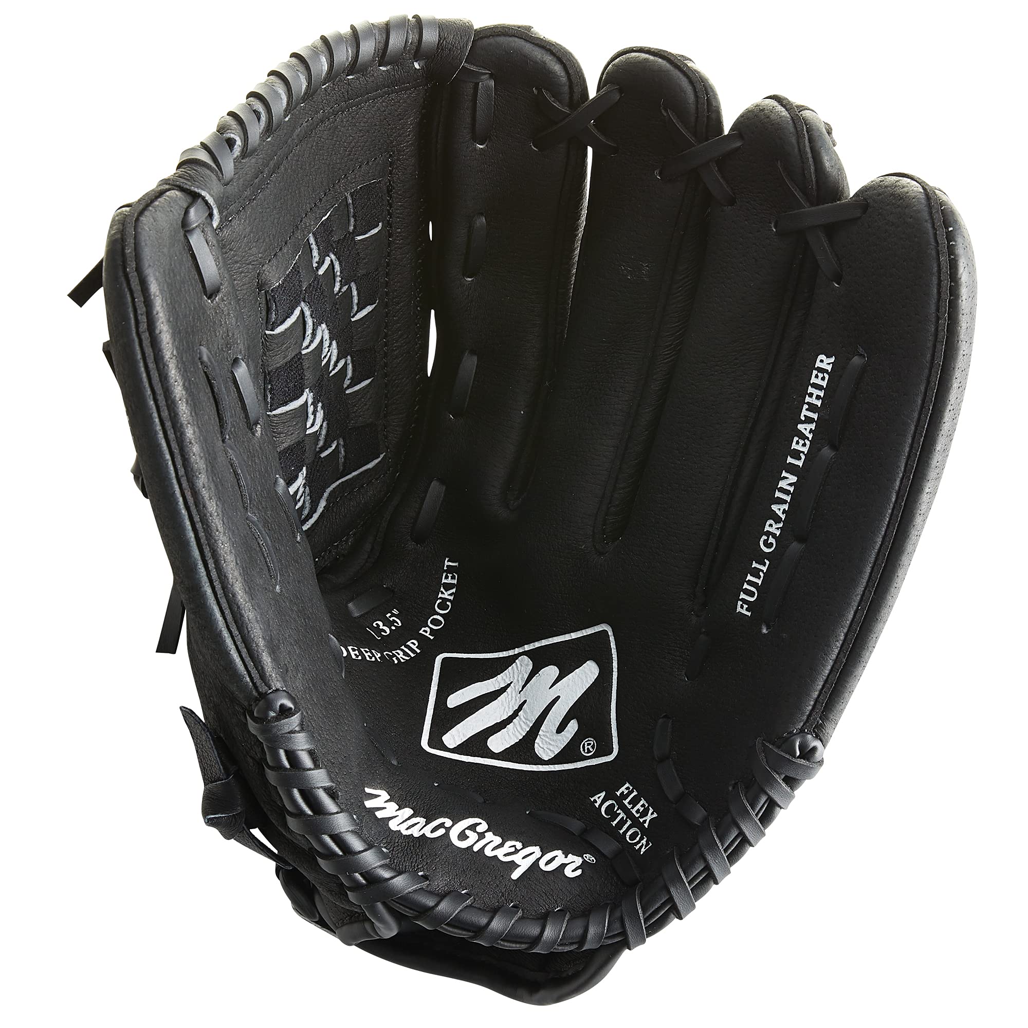 A black baseball glove featuring the letters MLB prominently displayed on its surface.