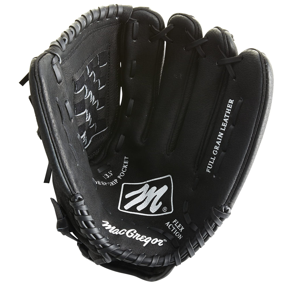 A black baseball glove featuring the letters MLB prominently displayed on its surface.