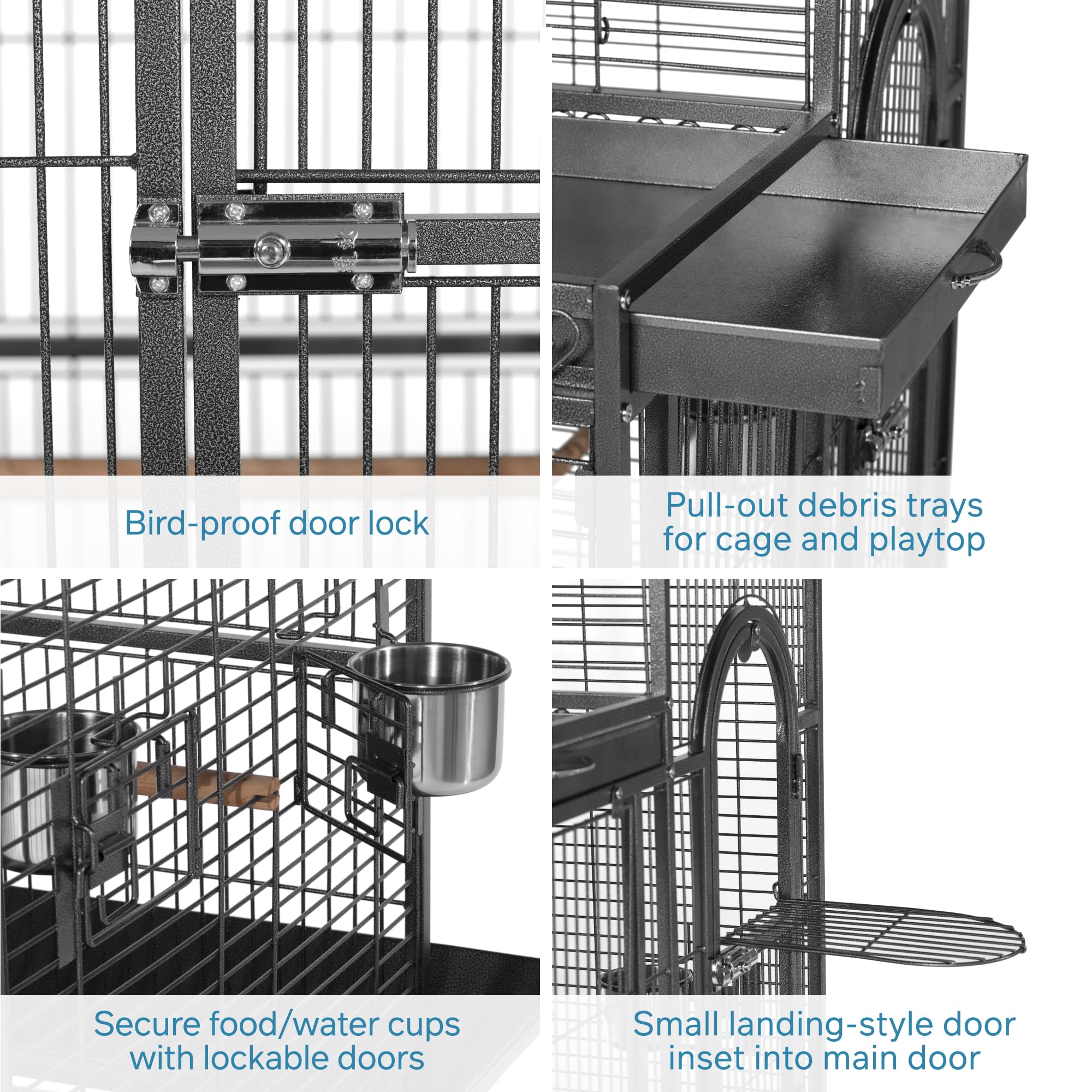 Pet Products Double Roof Steel Bird Cage with Playtop, 36.5 x 27.25 Inch with 7/8 inch Wire Spacing for Medium to Large Birds and Small Parrots in Black Hammertone Finish