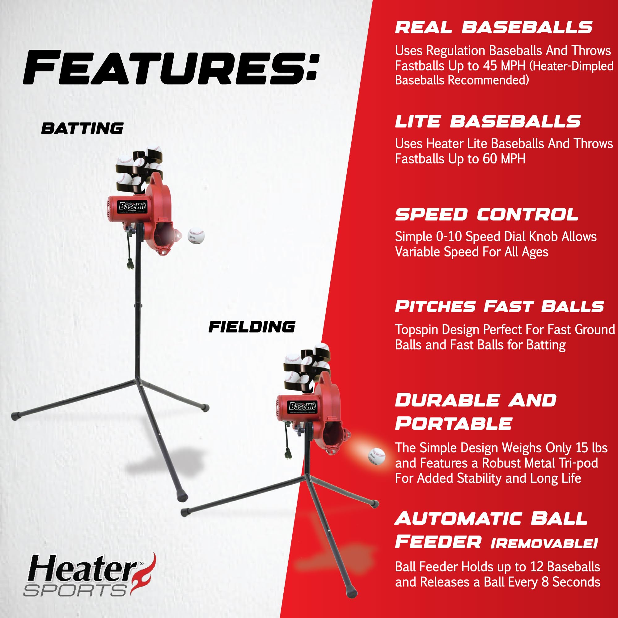 Base Hit Lite Adjustable Baseball Pitching Machine ?45 MPH Pitching Speed, Includes Automatic Ball Feeder, Extremely Accurate | Perfect for Hitting and Fielding Training for All Ages