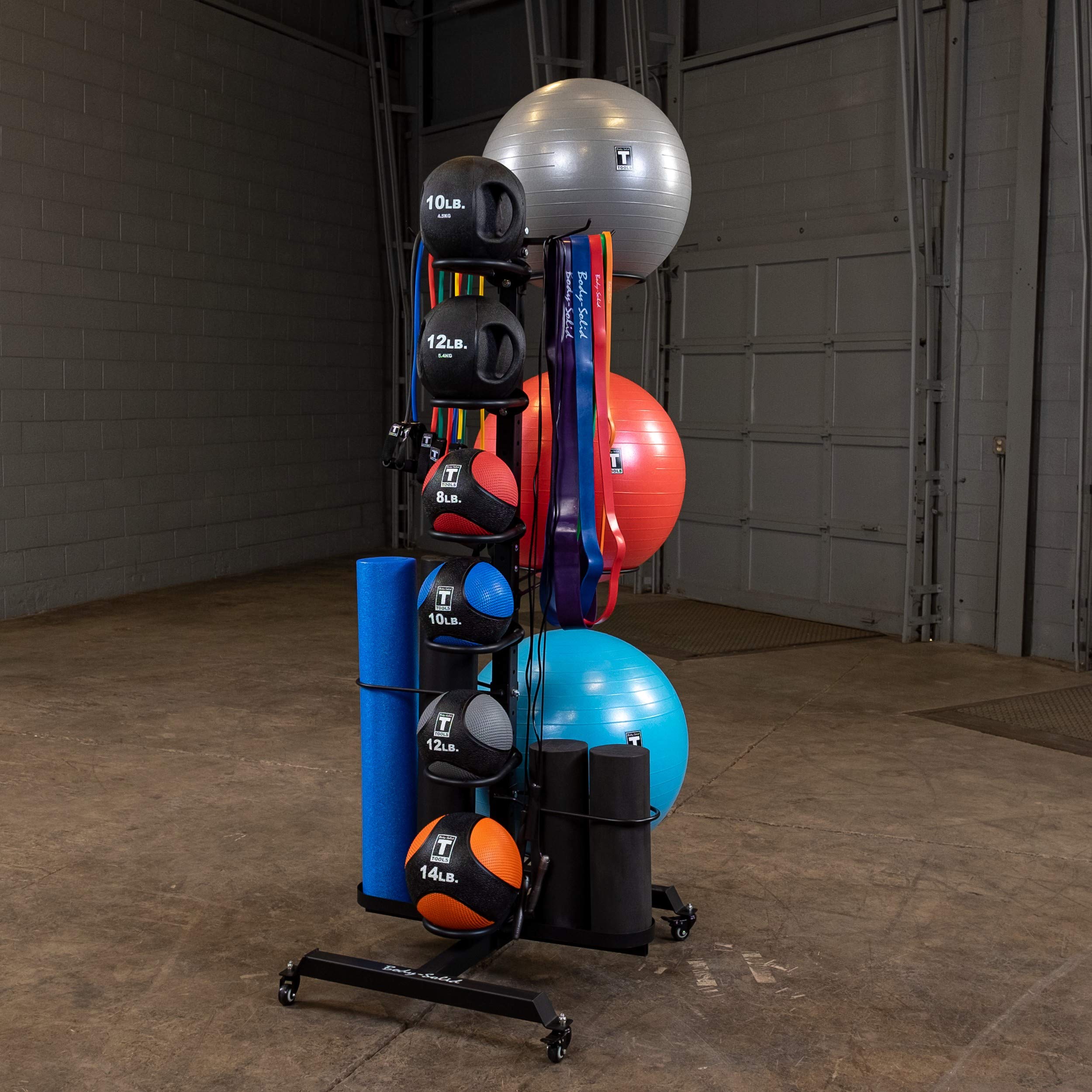 (GAR100) Compact Accessory Vertical Stand Rack for Organizing Medicine Balls, Weights Ball, Resistance Bands and Tubes, Jump Ropes, Foam Rollers, Yoga Mats, and more