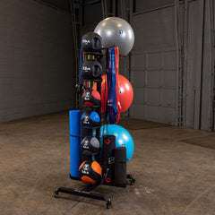 (GAR100) Compact Accessory Vertical Stand Rack for Organizing Medicine Balls, Weights Ball, Resistance Bands and Tubes, Jump Ropes, Foam Rollers, Yoga Mats, and more