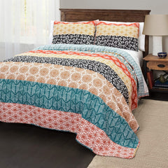 Full/Queen Cotton Teal Orange Bohemian Quilt Set