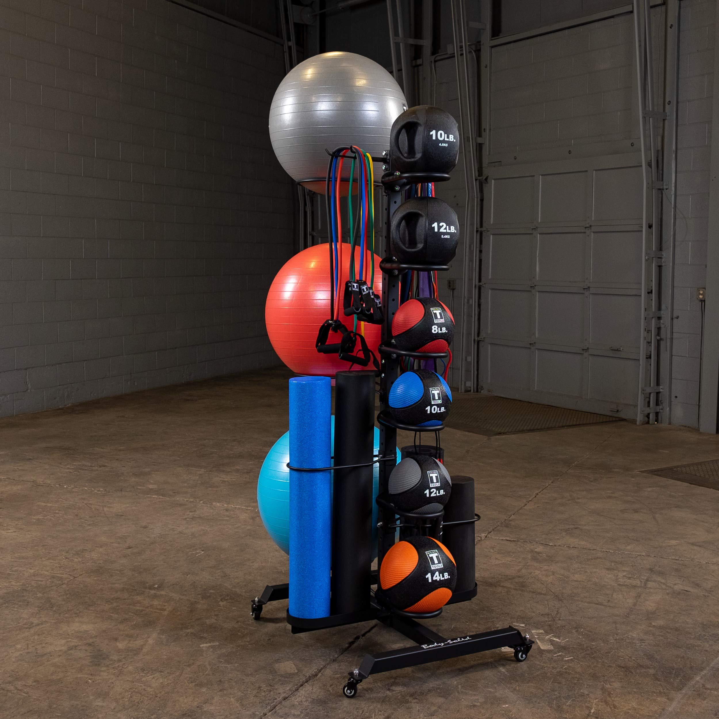 (GAR100) Compact Accessory Vertical Stand Rack for Organizing Medicine Balls, Weights Ball, Resistance Bands and Tubes, Jump Ropes, Foam Rollers, Yoga Mats, and more