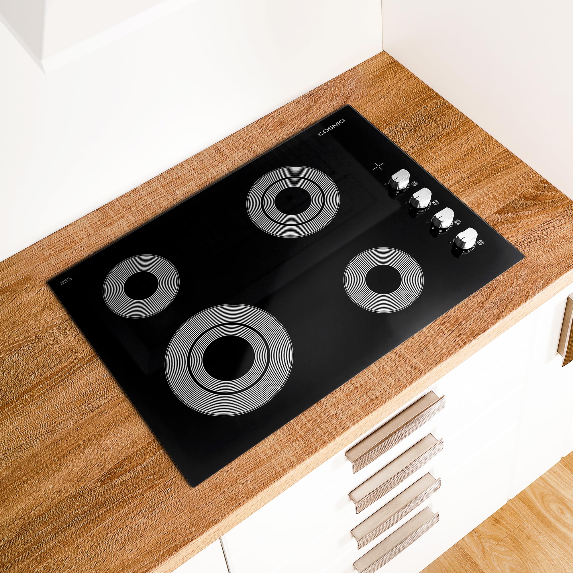 COS-304ECC Electric Ceramic Glass Cooktop with 4 Burners, Dual Zone Element, Hot Surface Indicator Light and Control Knobs, 30 inches, Black