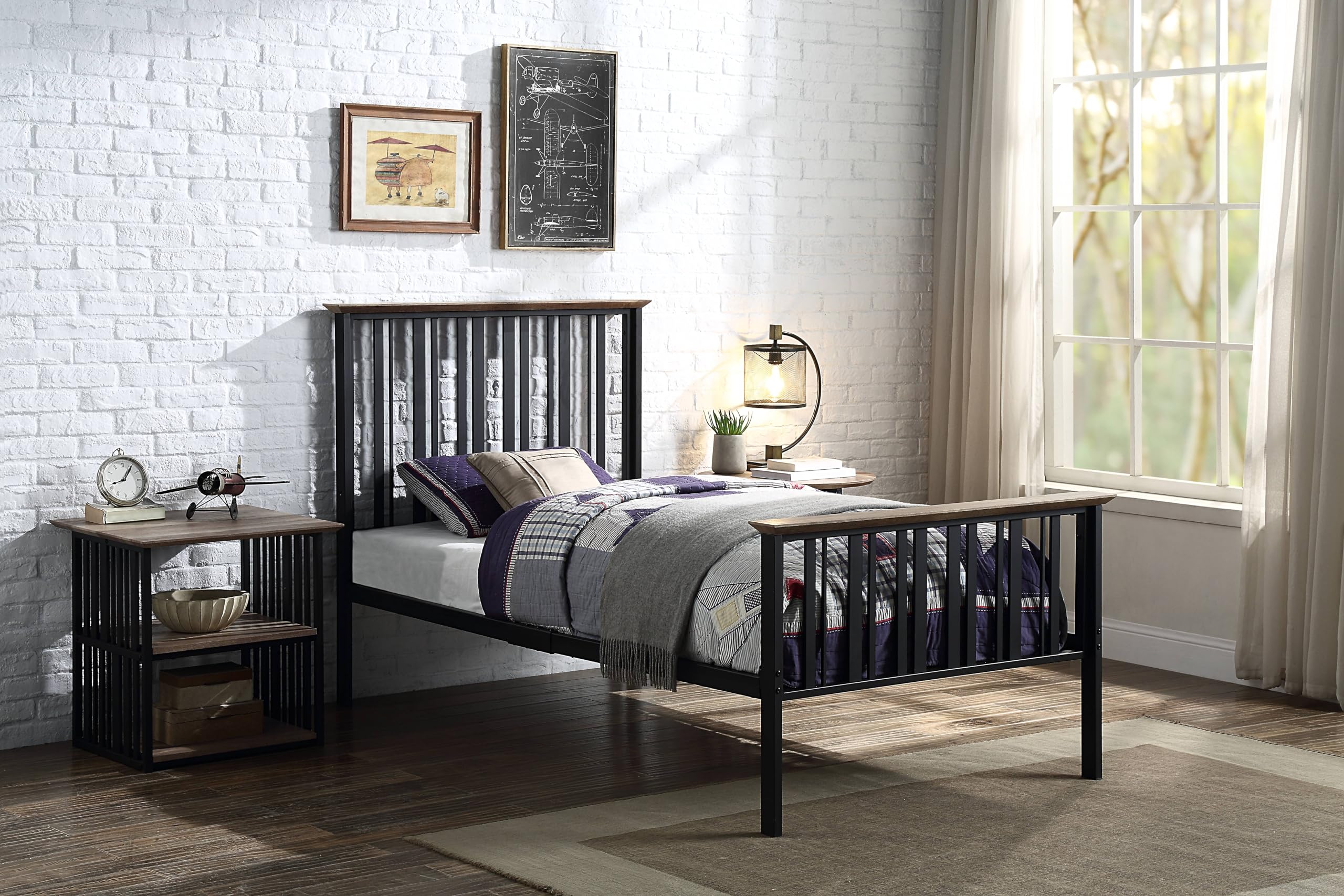 Zudora Wood and Metal Twin Bed in Antique Oak/Black