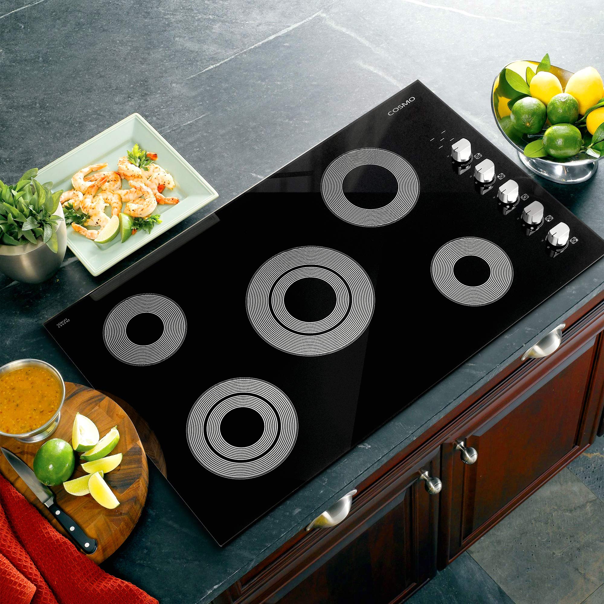 COS-365ECC Electric Ceramic Glass Cooktop with 4 Burners, Dual Zone Element, Hot Surface Indicator Light and Control Knobs, 36 inches, Black