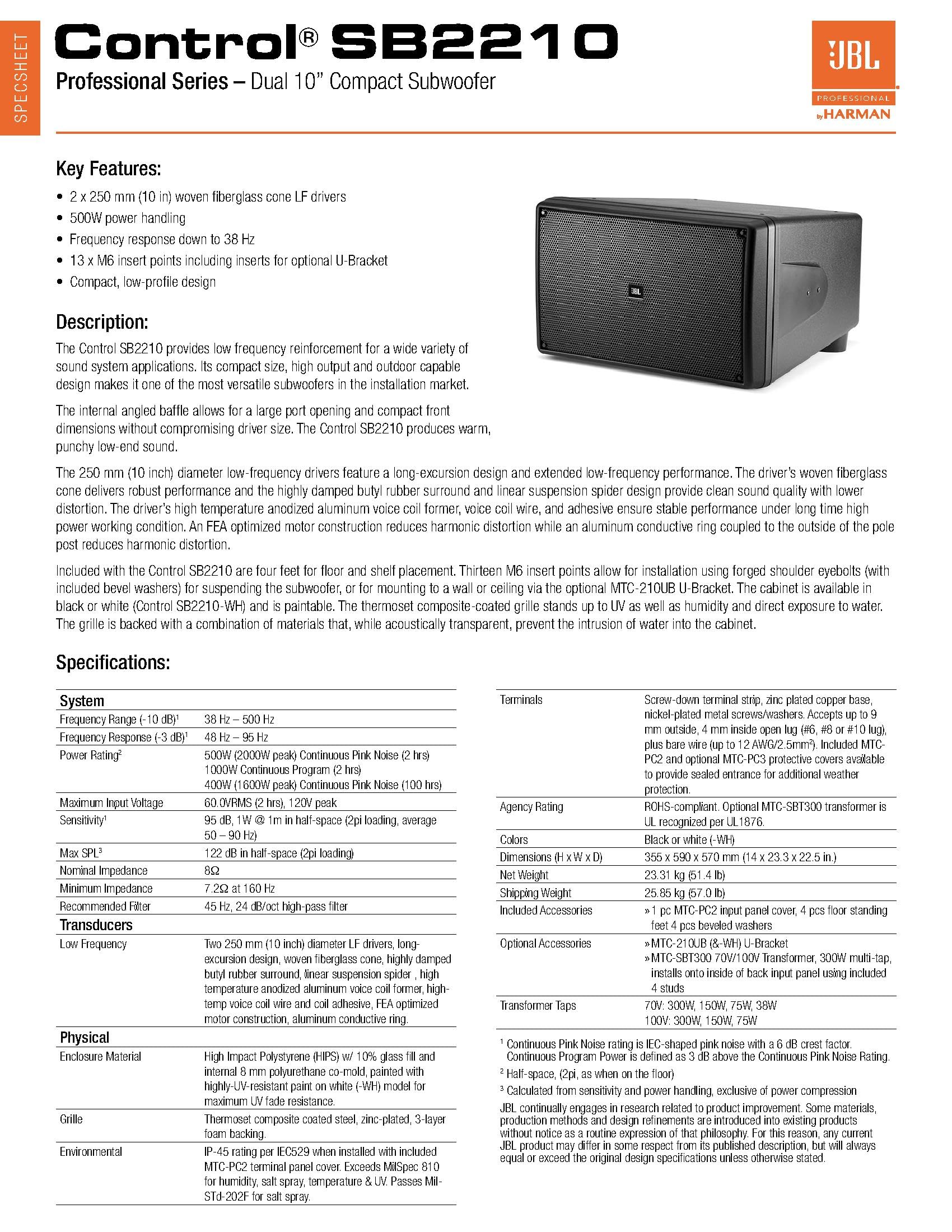 JBL Professional Control SB2210 Dual Compact Subwoofer, 10-Inch, Black