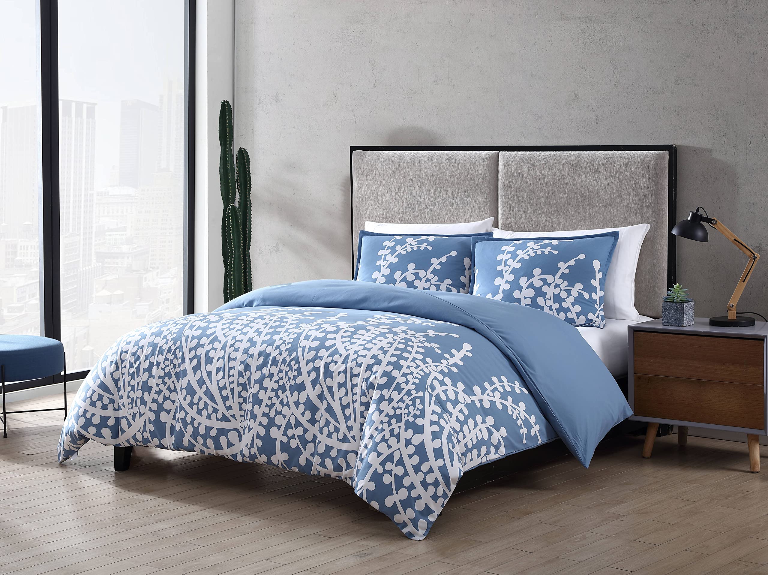 Full/Queen Cotton Comforter Set Blue Floral Branch
